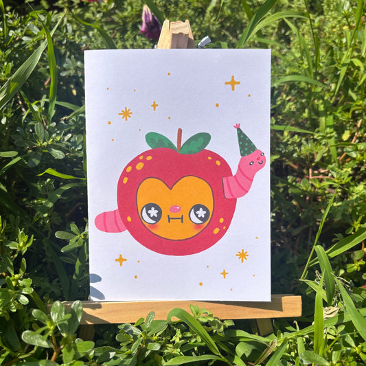 Carte pomme et ver de fête