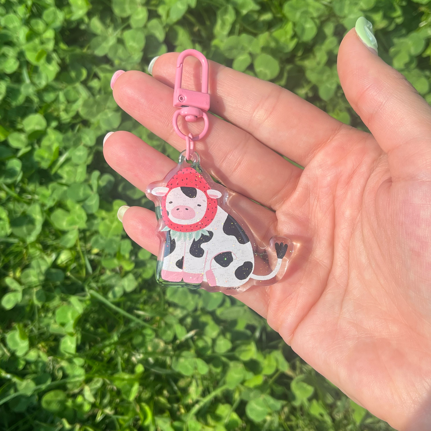 Cow with strawberry hat keychain